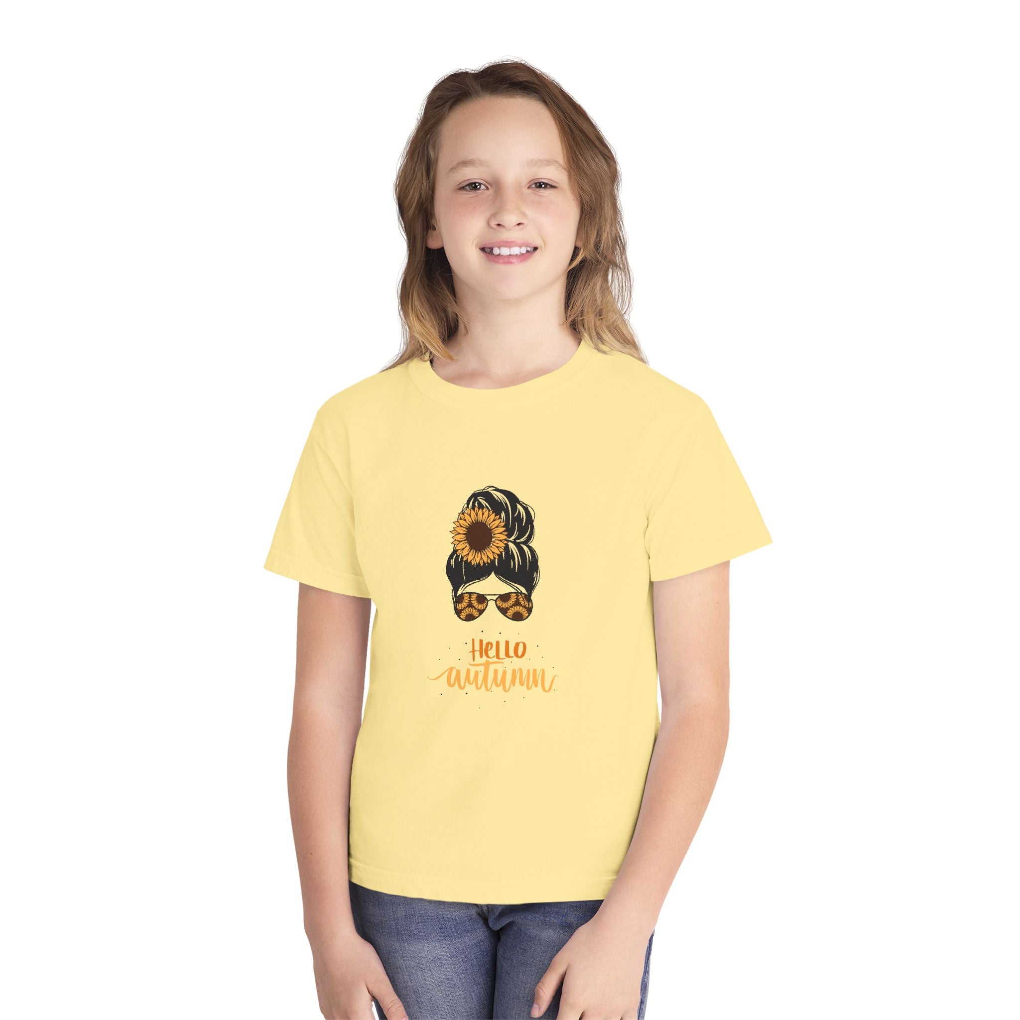 Youth Tee — "Hello Autumn" Sunflower Messy Bun Graphic