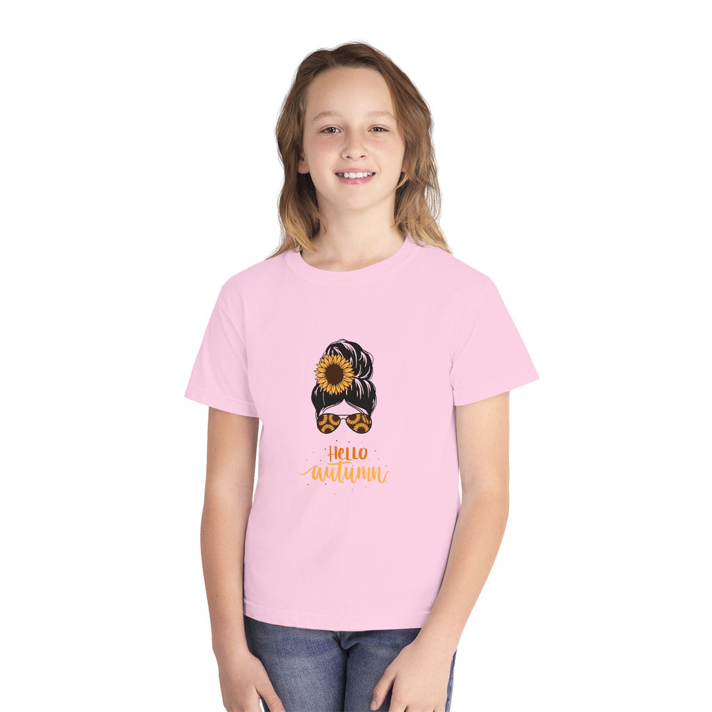 Youth Tee — "Hello Autumn" Sunflower Messy Bun Graphic