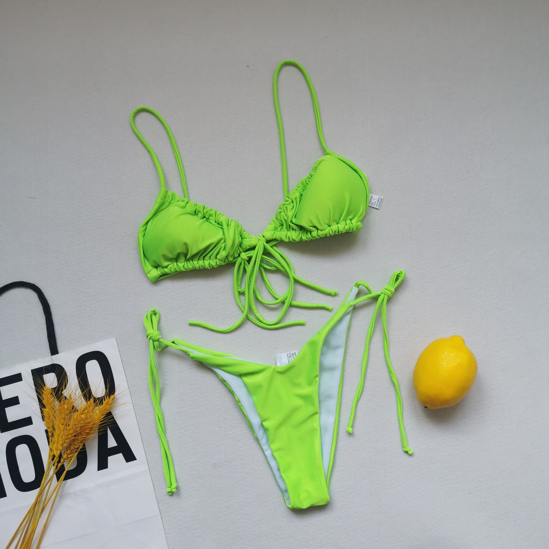 Sling Bandage Swimsuit Women Pleated Push up Drawstring Sexy Solid Color Bikini Swimsuit
