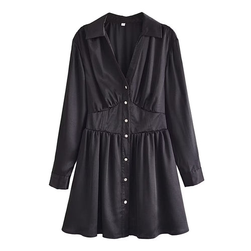 Autumn Women Black Satin Collared Long Sleeve Jewelry Fastener Decoration Shirt Dress