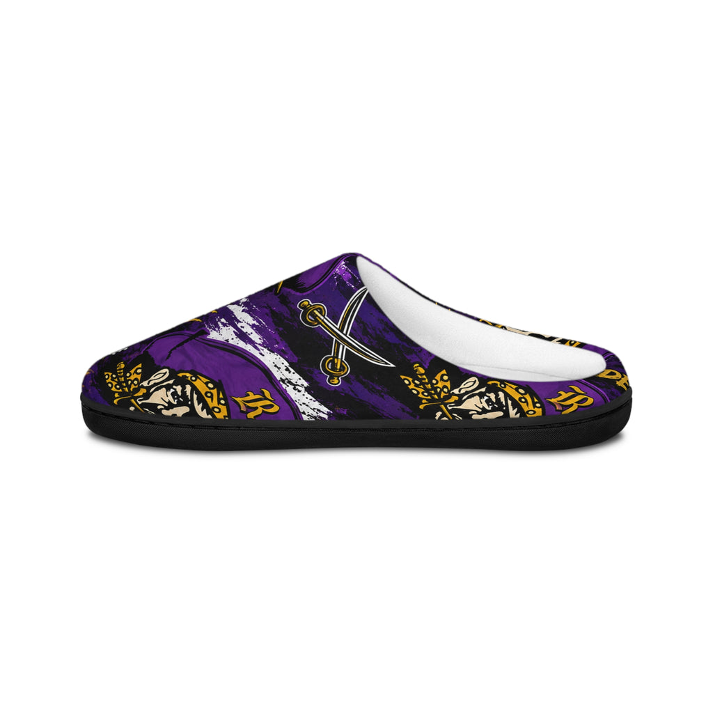 Pirate Logo Men's Indoor Slippers — Purple Sports Team Design