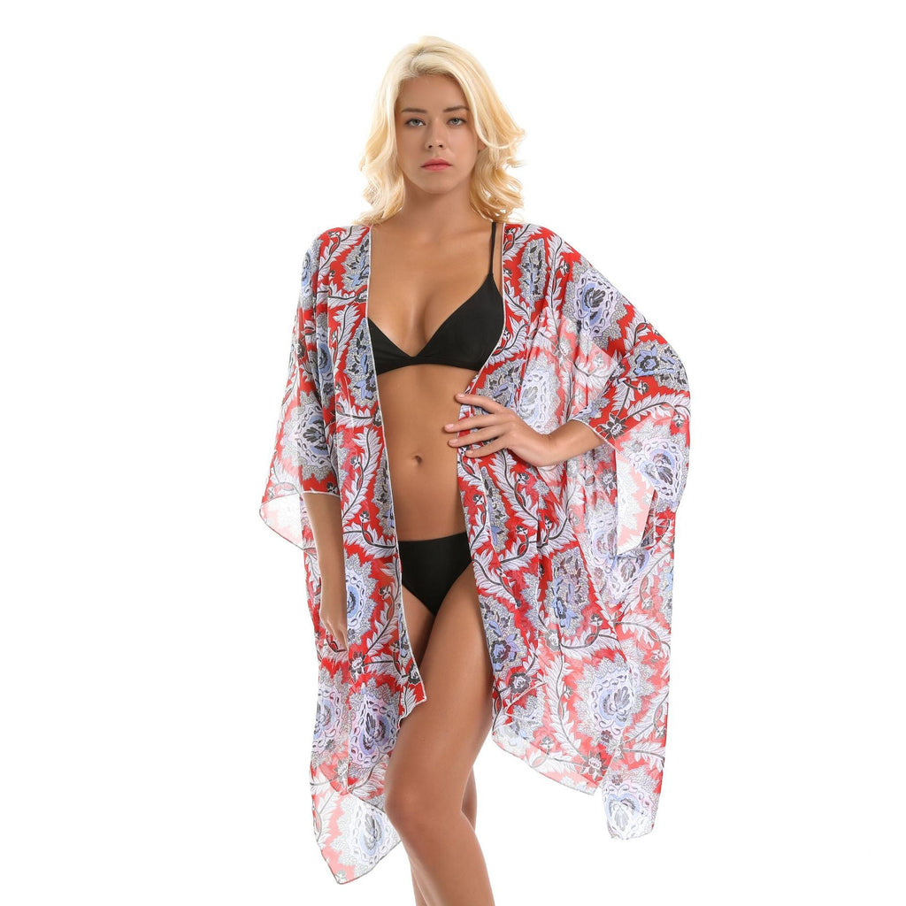 Platform Ethnic Rattan Floral Print Chiffon Sun Protection Cardigan Swimsuit Blouse