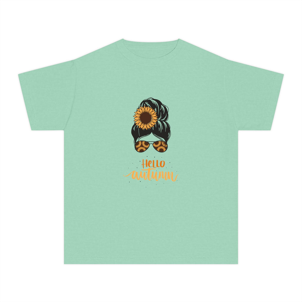 Youth Tee — "Hello Autumn" Sunflower Messy Bun Graphic