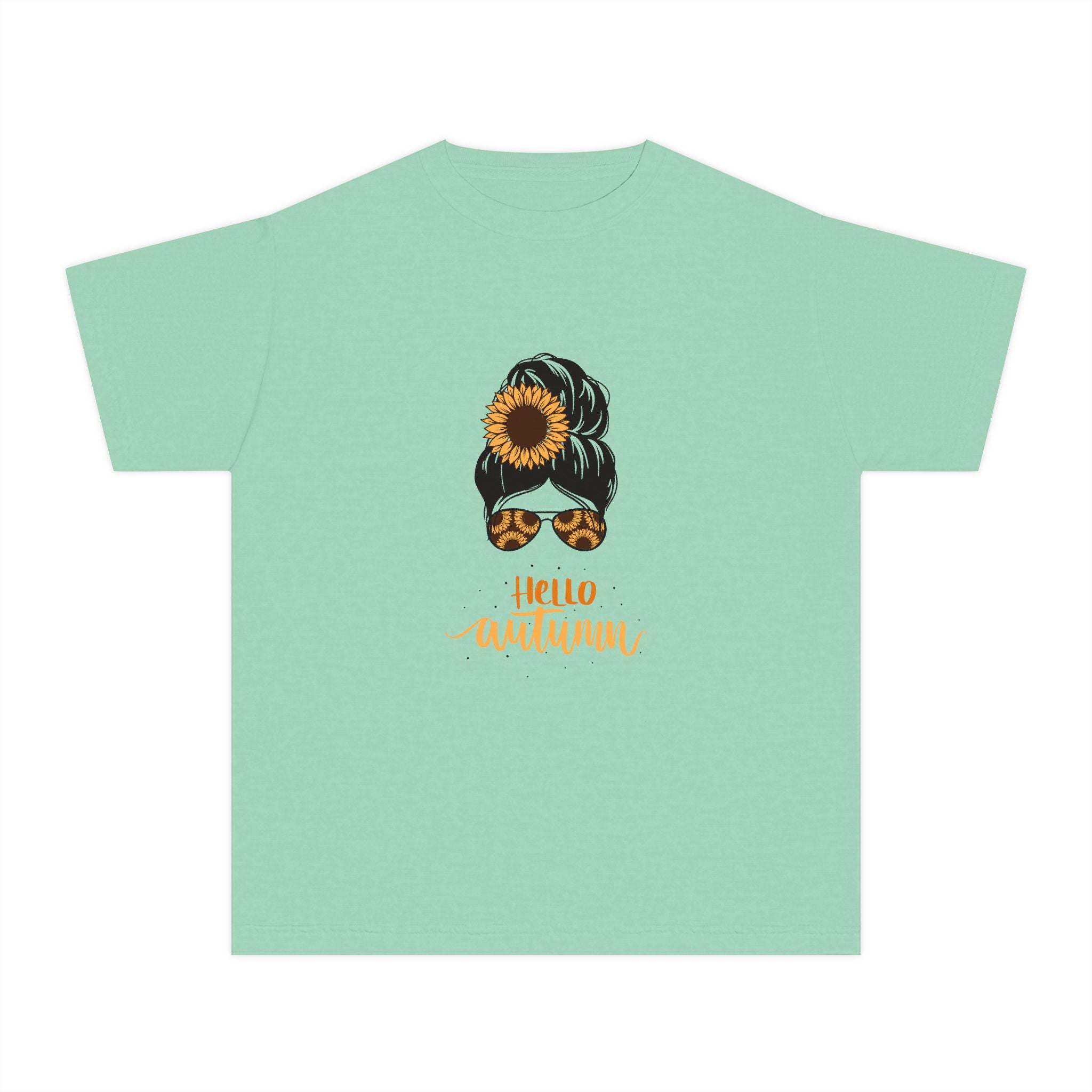 Youth Tee — "Hello Autumn" Sunflower Messy Bun Graphic
