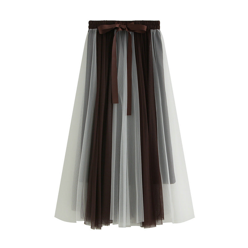 Stitching Gauzy Skirt Autumn Winter Mid-Length A Line Tulle Skirt Long Skirt Fairy Skirt