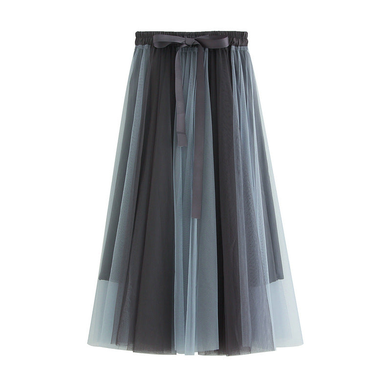 Stitching Gauzy Skirt Autumn Winter Mid-Length A Line Tulle Skirt Long Skirt Fairy Skirt