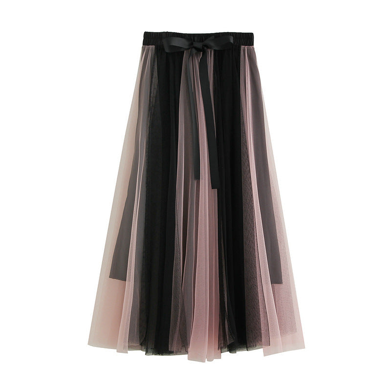 Stitching Gauzy Skirt Autumn Winter Mid-Length A Line Tulle Skirt Long Skirt Fairy Skirt