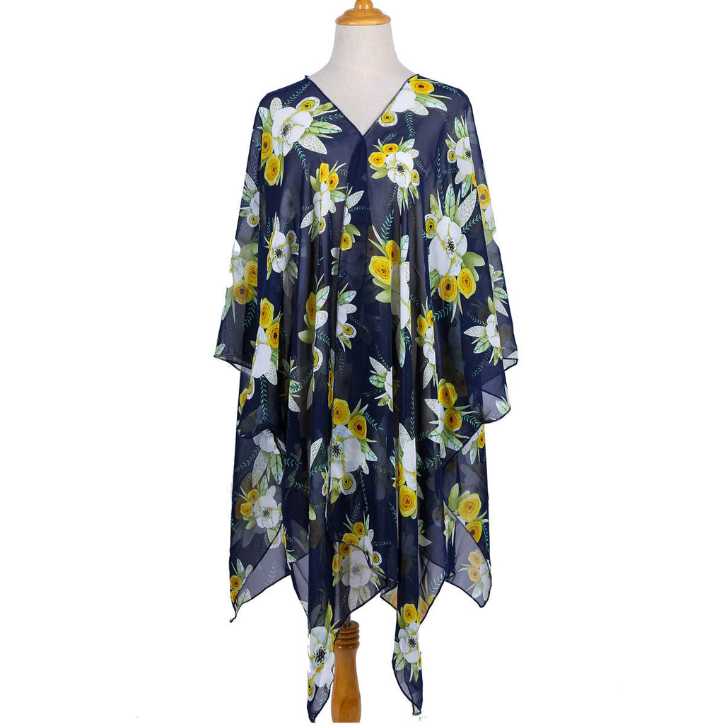 Elegant Lily Pattern Chiffon Beach Sun Protection Beach Cover Up Cardigan