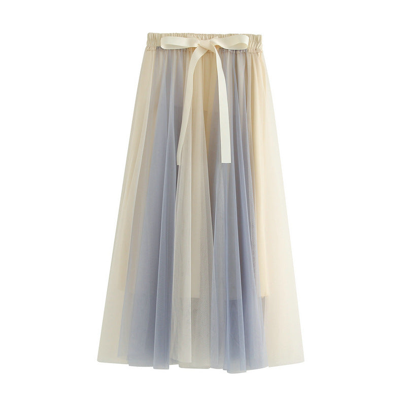 Stitching Gauzy Skirt Autumn Winter Mid-Length A Line Tulle Skirt Long Skirt Fairy Skirt