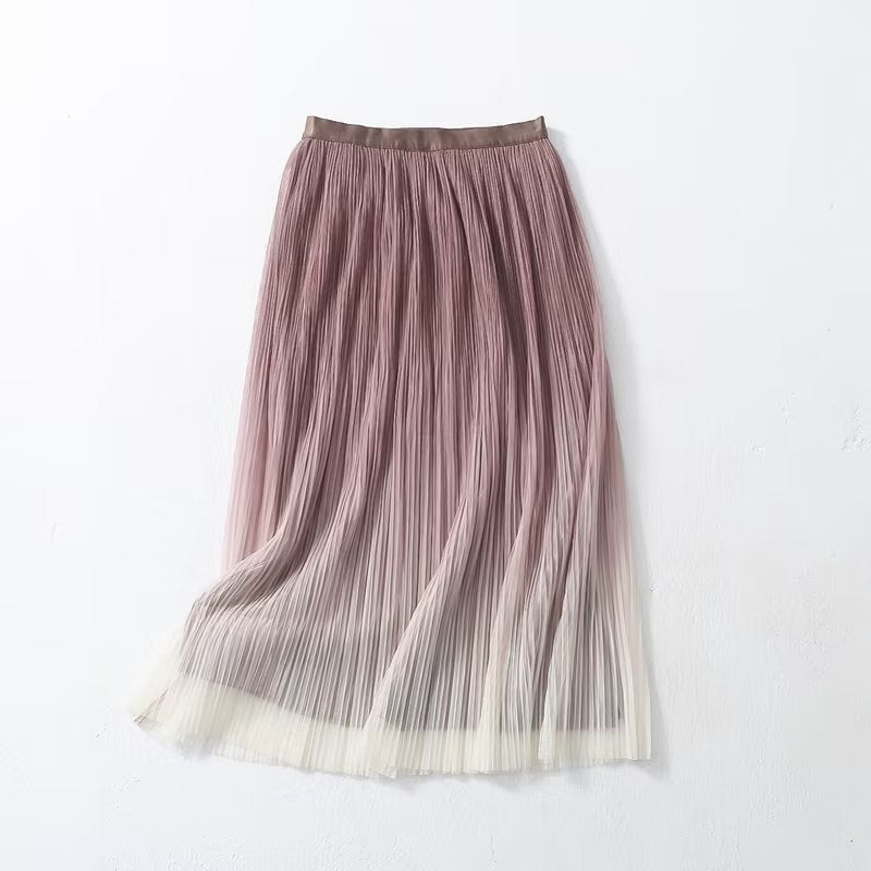 Elegant Graceful Gradient Color Pleated Skirt Spring Summer Light Luxury High Waist A line Skirt