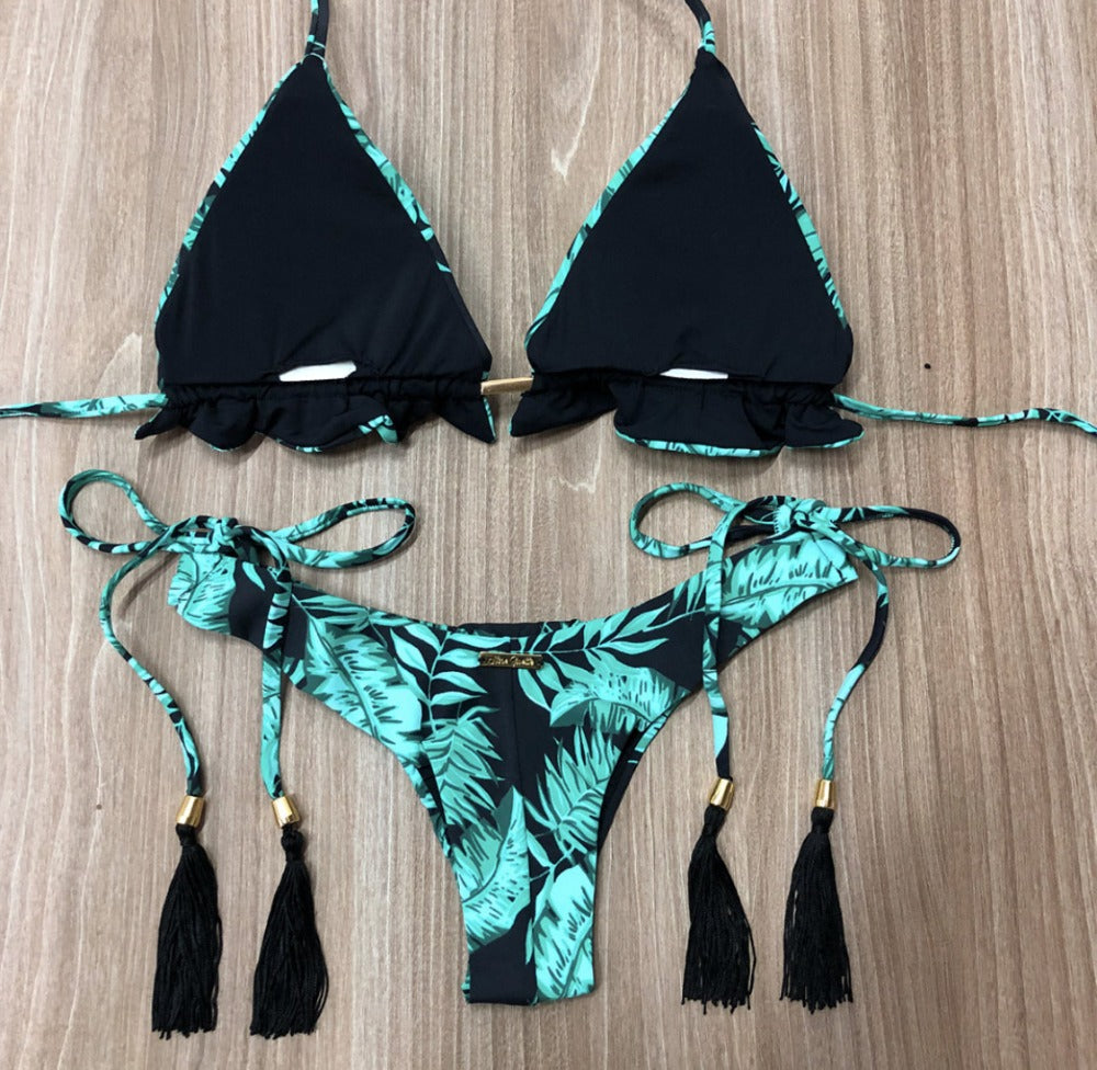 Leopard Print Bikini Solid Color Women Swimsuit Sexy Lace-up Swimwear Split Bikini