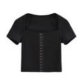 Small Square Collar Button Cardigan Contrast Color Short Sleeve T shirt Top Women Clothing Summer