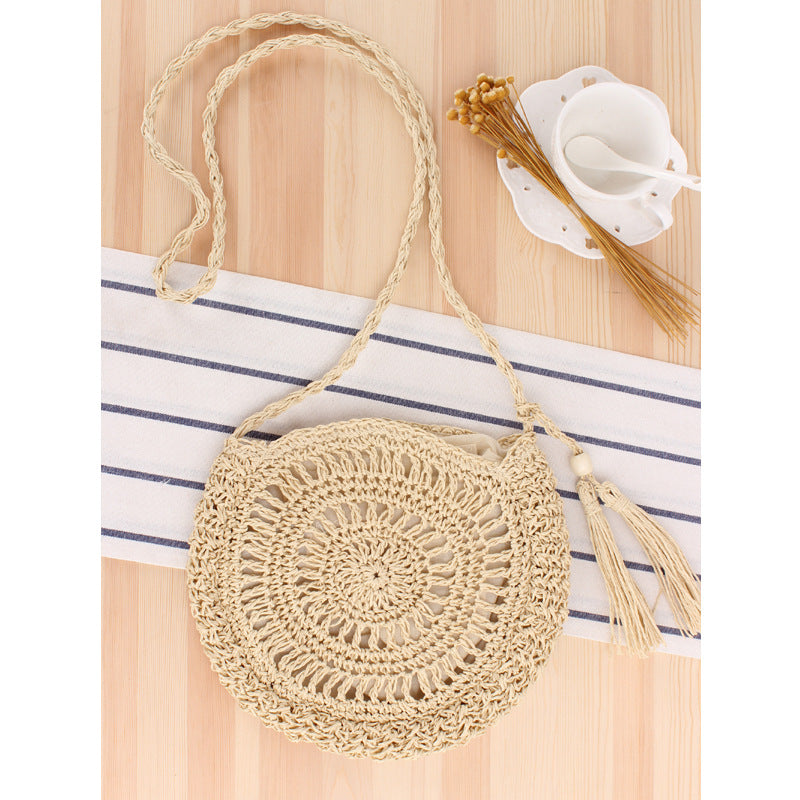 Cute Bowknot Crossbody Woven Bag Handmade Crochet round Straw Bag Women Bag Beach Bag