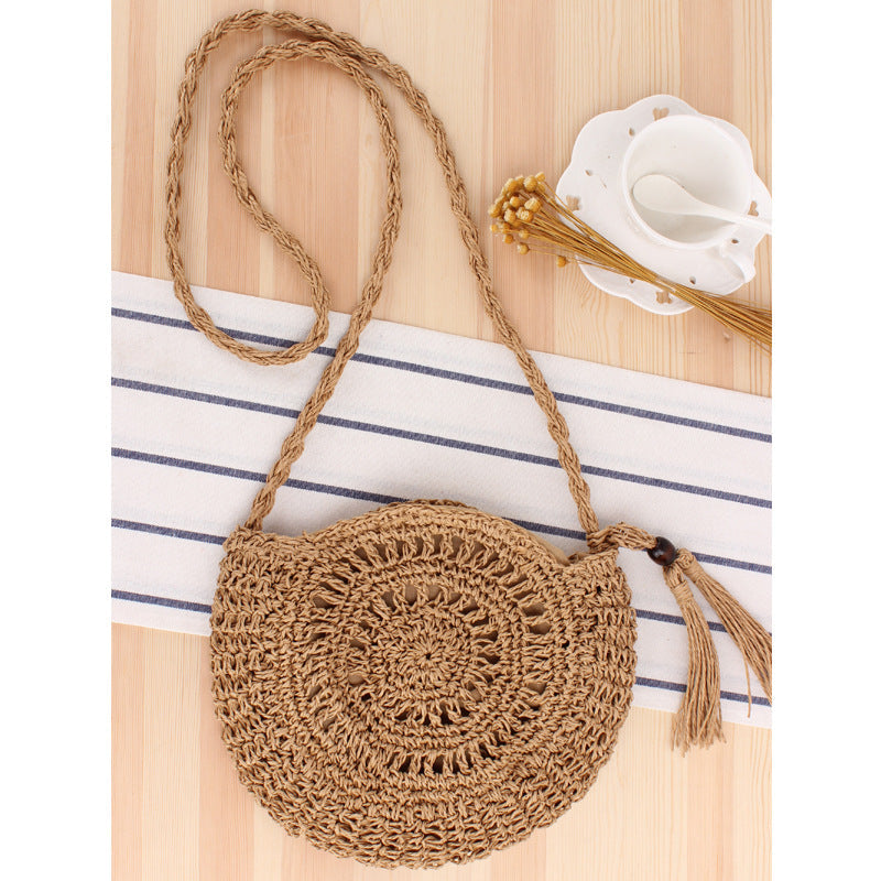 Cute Bowknot Crossbody Woven Bag Handmade Crochet round Straw Bag Women Bag Beach Bag