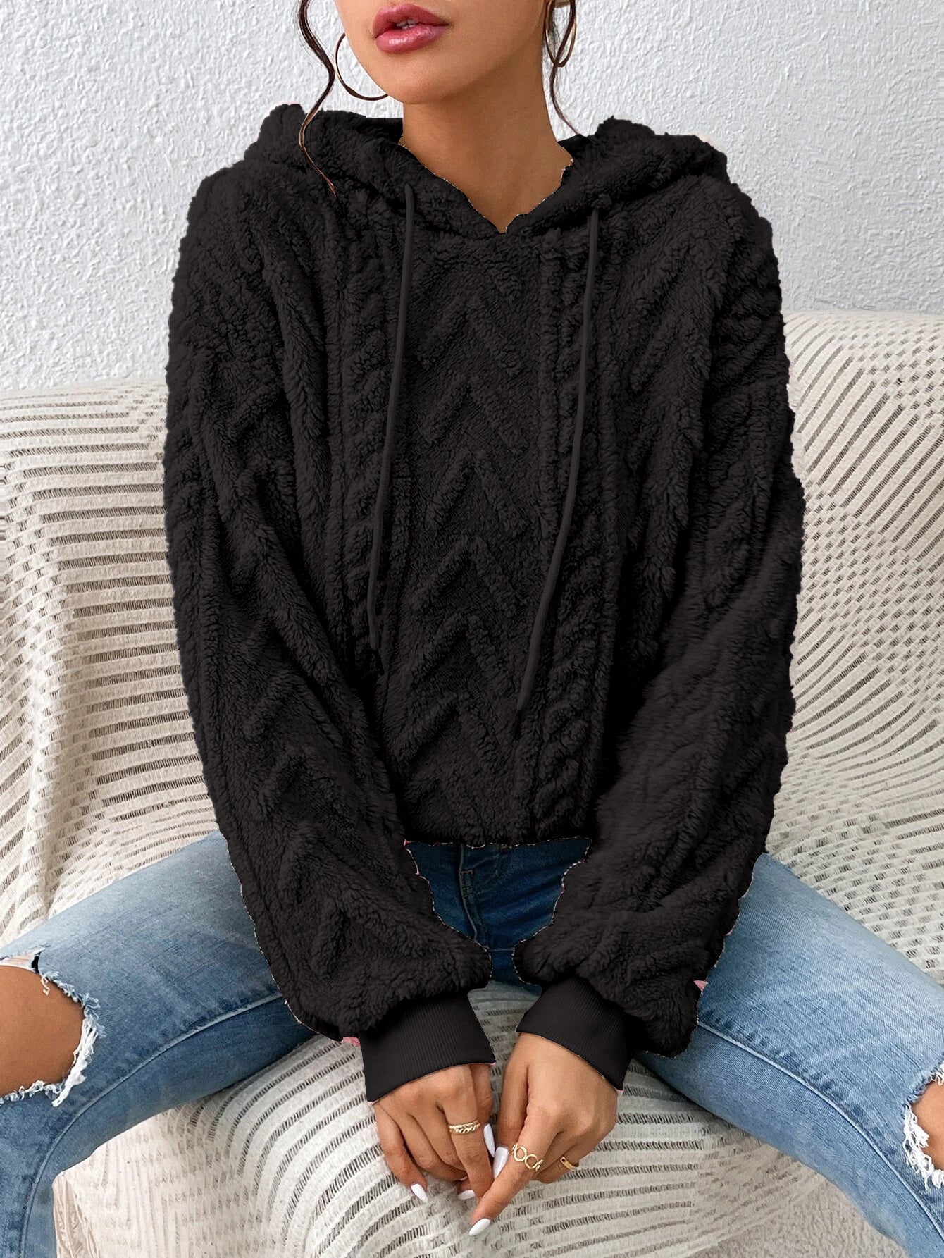 Fall Winter Women Pullover Sweatshirt Flannel Hooded Loose Plush Jacket