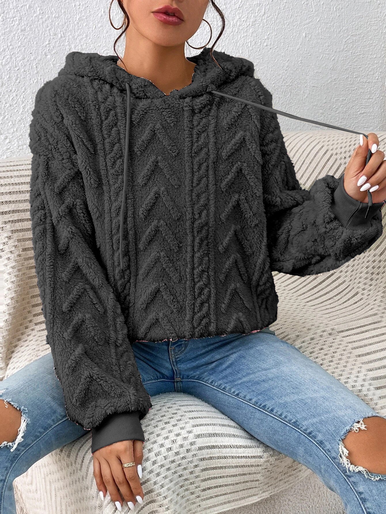 Fall Winter Women Pullover Sweatshirt Flannel Hooded Loose Plush Jacket