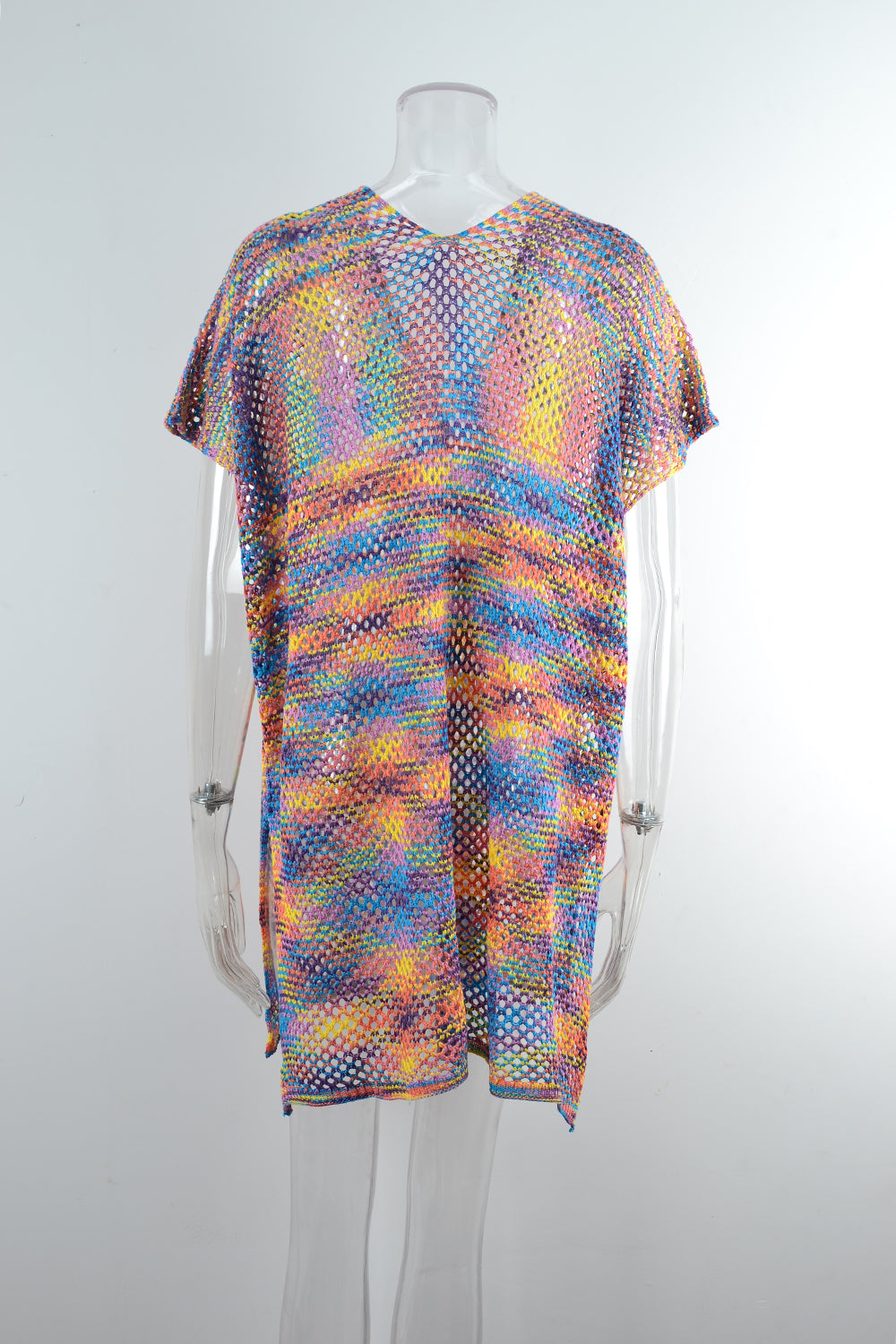 Blouse Summer Rainbow Stitching Hollow Out Cutout Loose Bikini Beach Shirt Knitwear