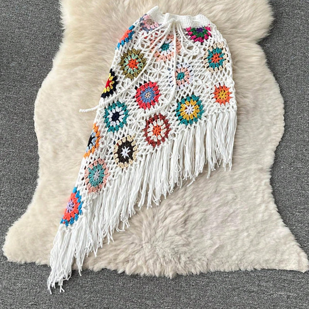 Bikinx Bohemian Style Hand Knitted Skirt With Irregular Color Block And Tassel Detail