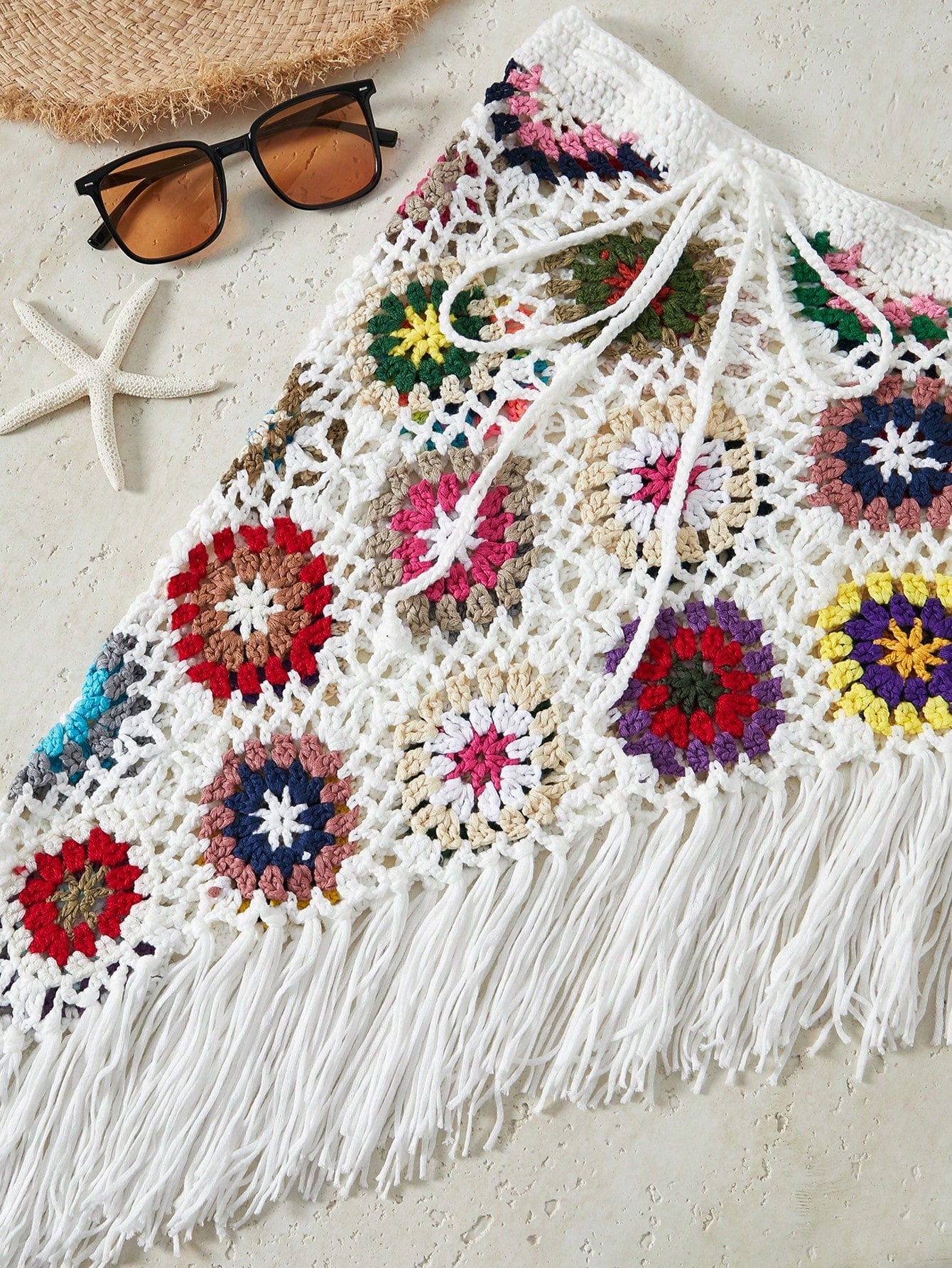 Bikinx Bohemian Style Hand Knitted Skirt With Irregular Color Block And Tassel Detail