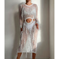 Hollow Out Cutout Knitted Sequin Tassel round Neck Cropped Outfit Long Sleeve Vacation Dress Swimsuit Blouse Sun Protection Clothing Dress Crochet hook