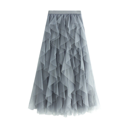 Autumn Winter Korean Elastic Waistband Fashionable All Matching Slimming Mesh Stitching Irregular Asymmetric Mid Length High Waist Skirt