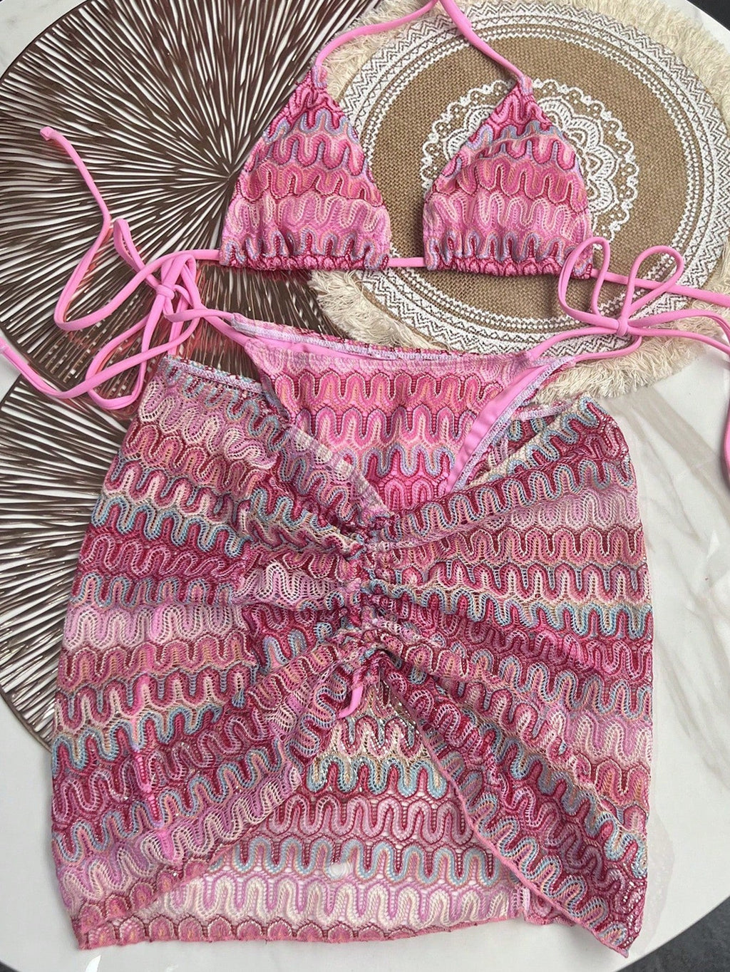 Bikinx Women Summer Beach Wave Pattern Halter Strap Sexy Bikini Set With Cover Up Skirt