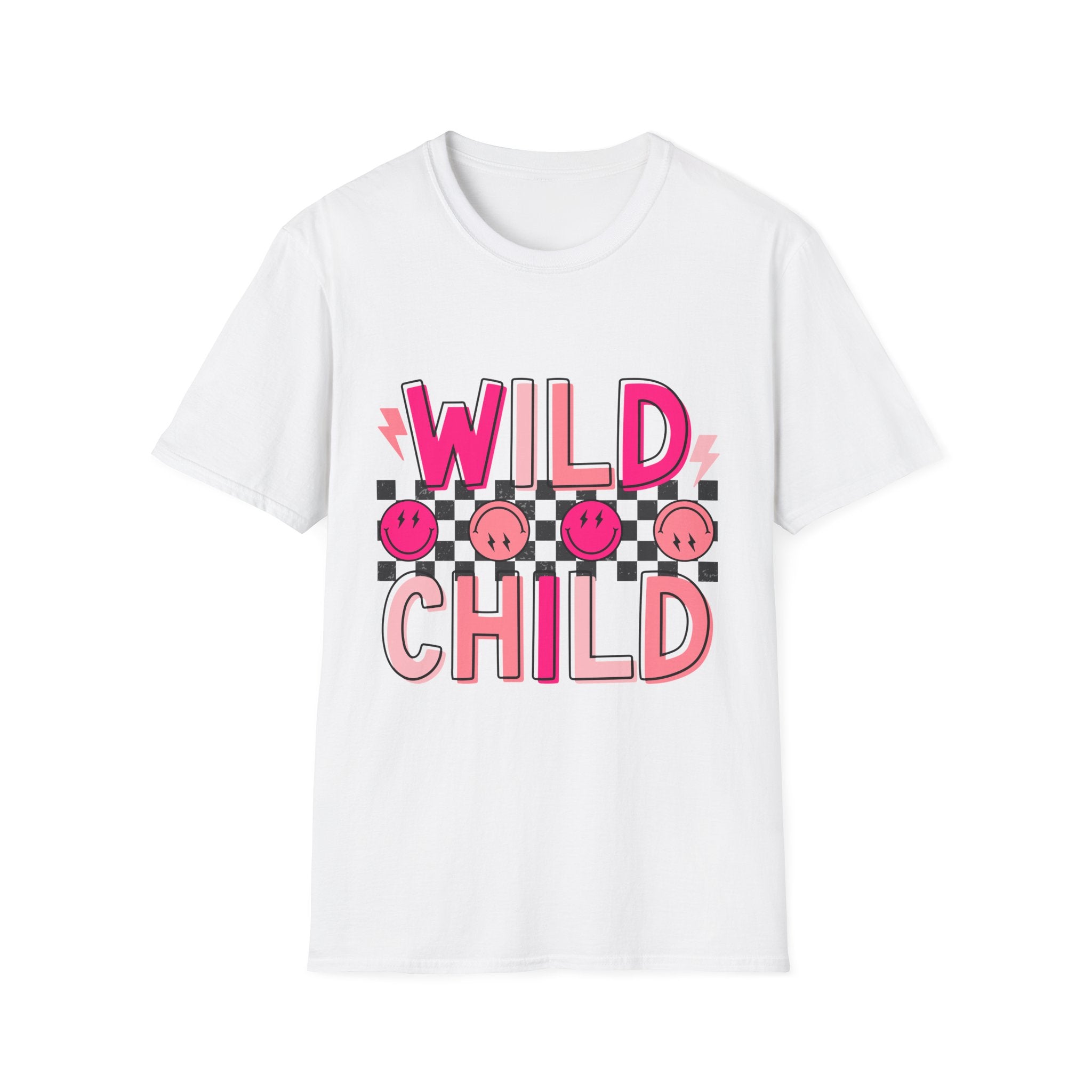 Wild Child T-Shirt — Pink Checkerboard Smiley Retro Tee