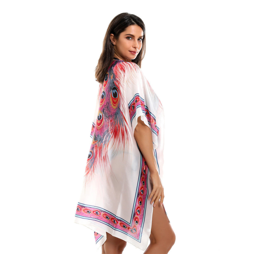 Spring Summer All Match Feather Pattern Bikini Sun Protective Blouse Swimwear Cover up
