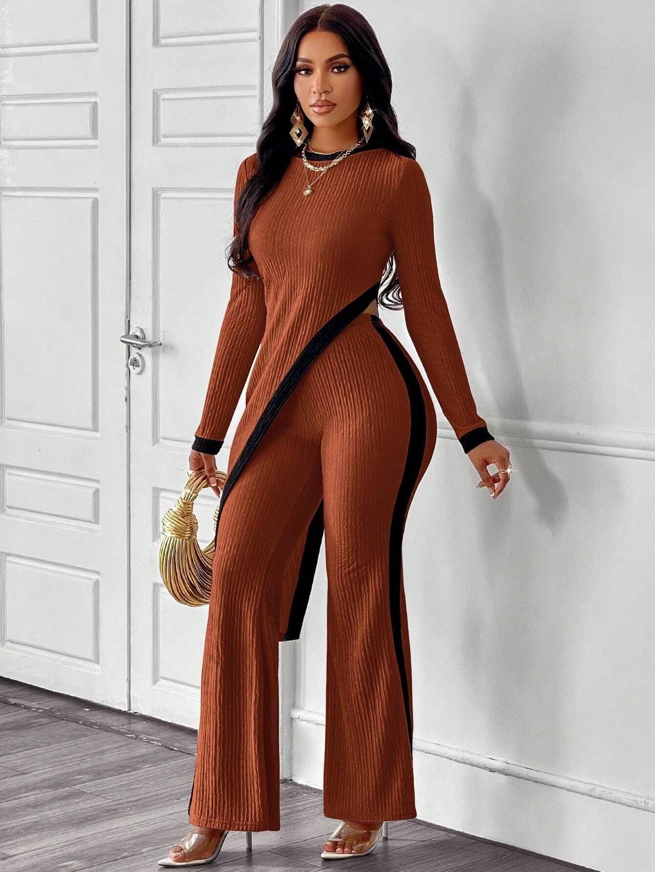 Fall Women Clothing Long Sleeve Contrast Color Split T shirt Stitching Trousers Two Piece Sets Women