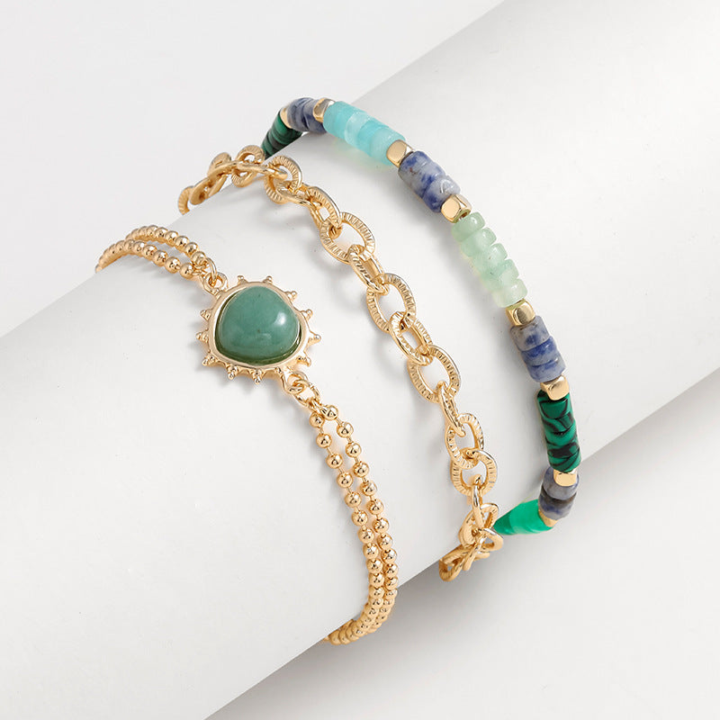 Original Elegant Heart Peach Semi Precious Stone Three Rows Twin Bracelet Necklace