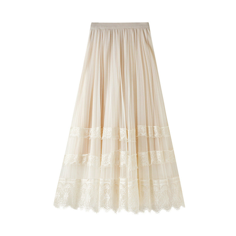 Skirt Spring Korean High Waist Lace Patchwork Tulle Skirt Women Pleated Skirt A Line Midi Skirt