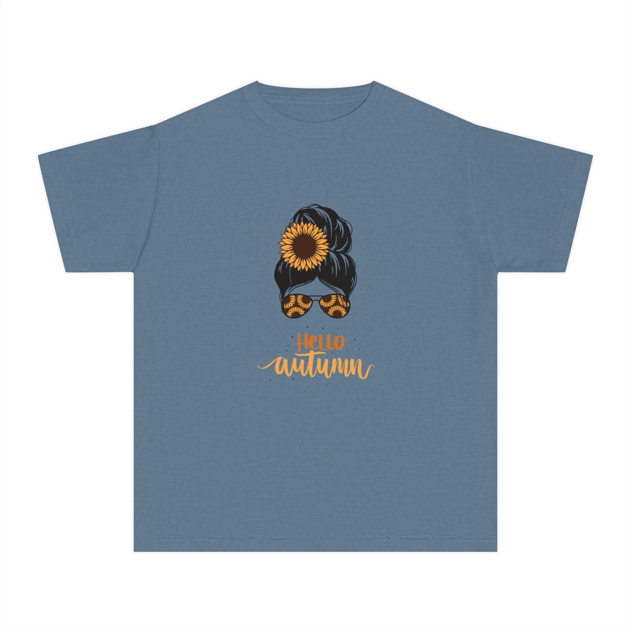 Youth Tee — "Hello Autumn" Sunflower Messy Bun Graphic