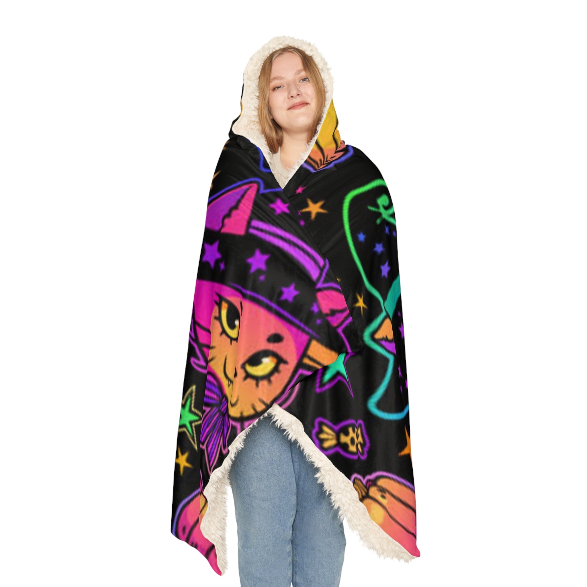 Halloween Cat Snuggle Blanket – Neon Witch Kitty Plush Throw with Pumpkins