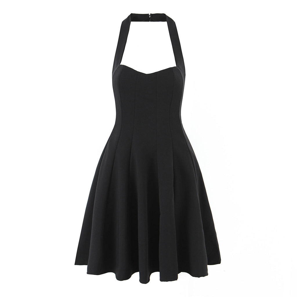 Summer Hepburn Gold Elegant Little Black Dress Women Waist Trimming Lace up Sexy Halter Dress