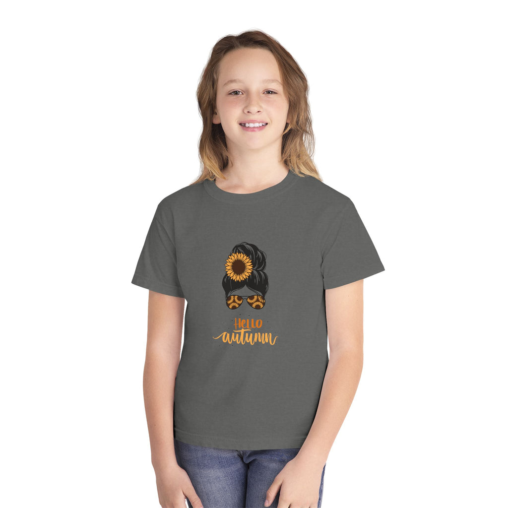 Youth Tee — "Hello Autumn" Sunflower Messy Bun Graphic