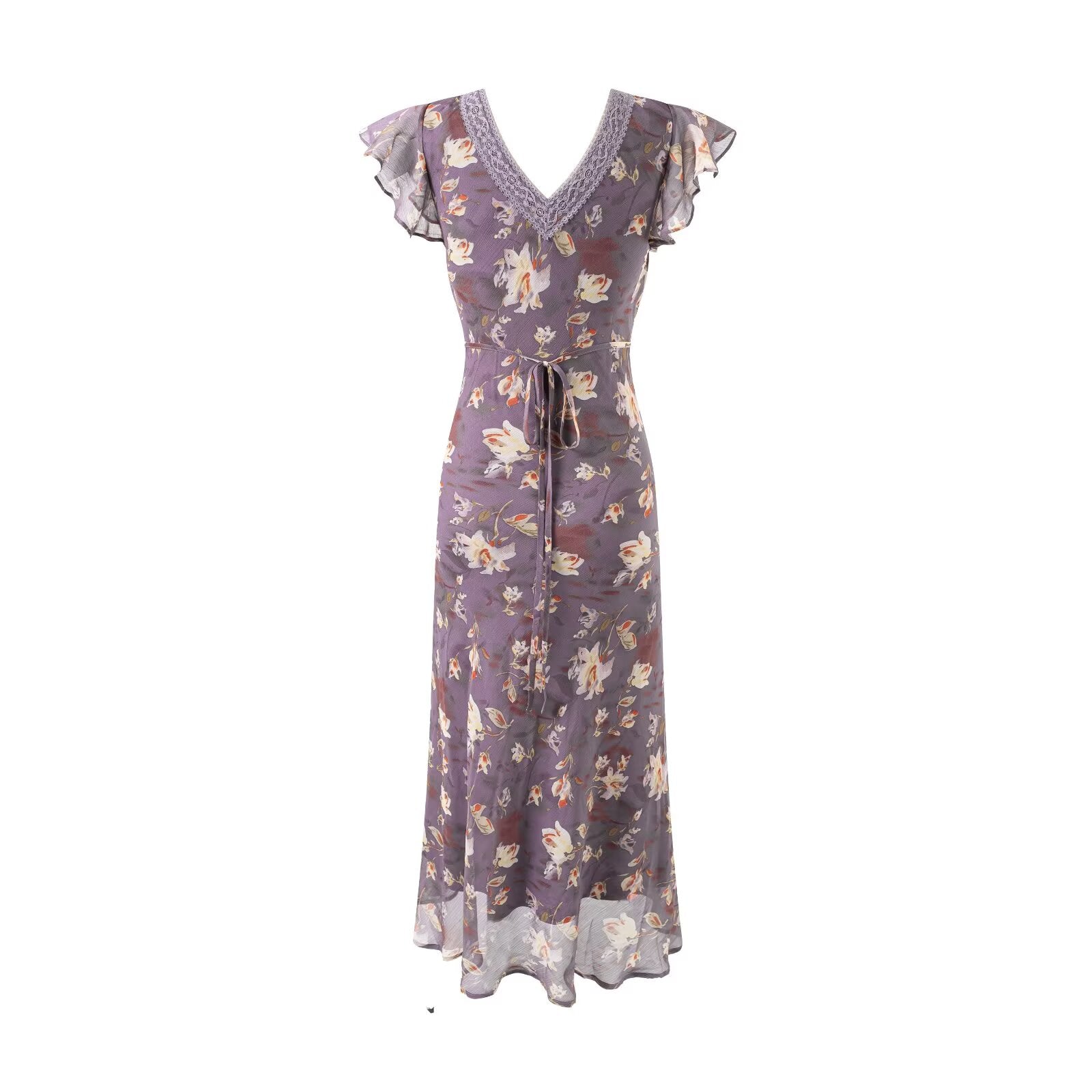 Summer Elegant Romantic Flying Sleeve Lace V neck Patchwork Long Floral Slim Fitting Dress