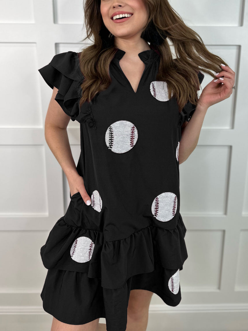 Summer Dress Baseball Sequined Embroidered Ruffled Double Sided Dress