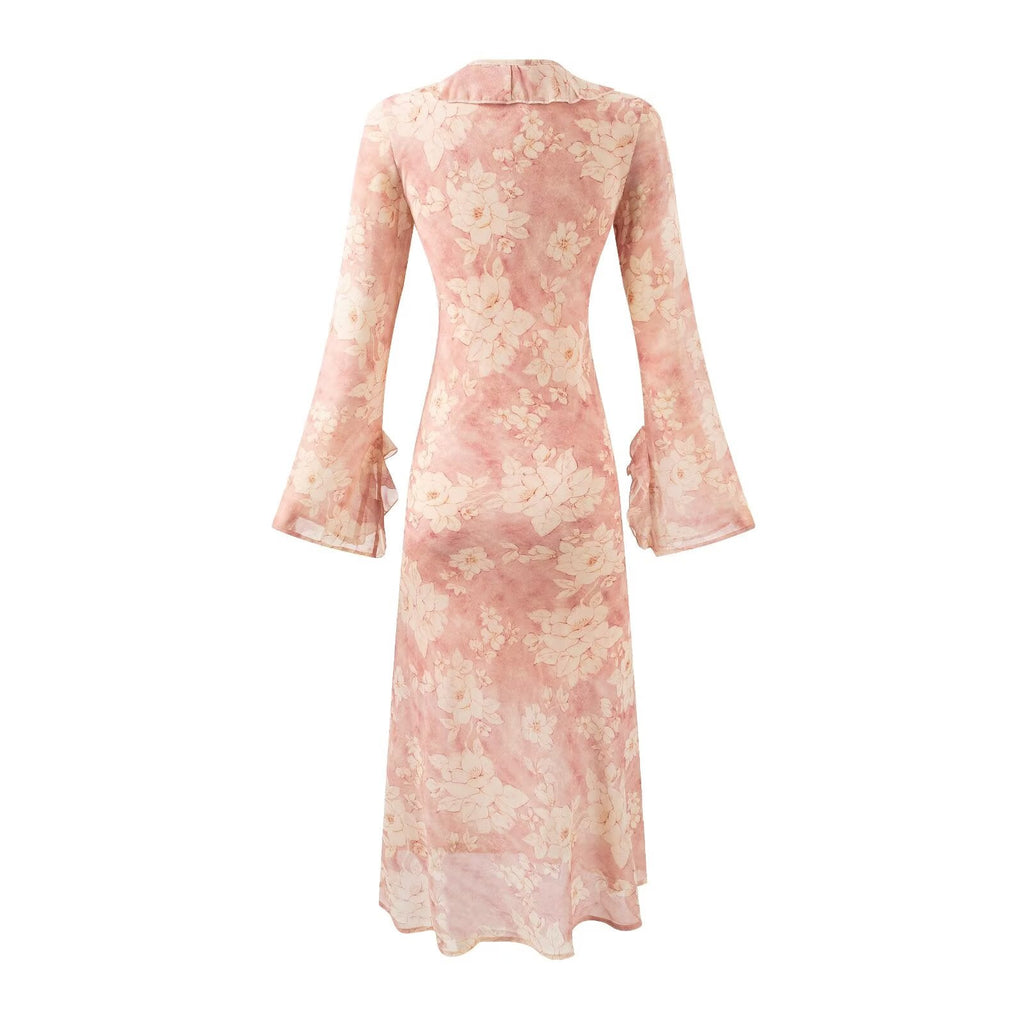 Women Bell Sleeve Mid Length Long Sleeve Printed Dress