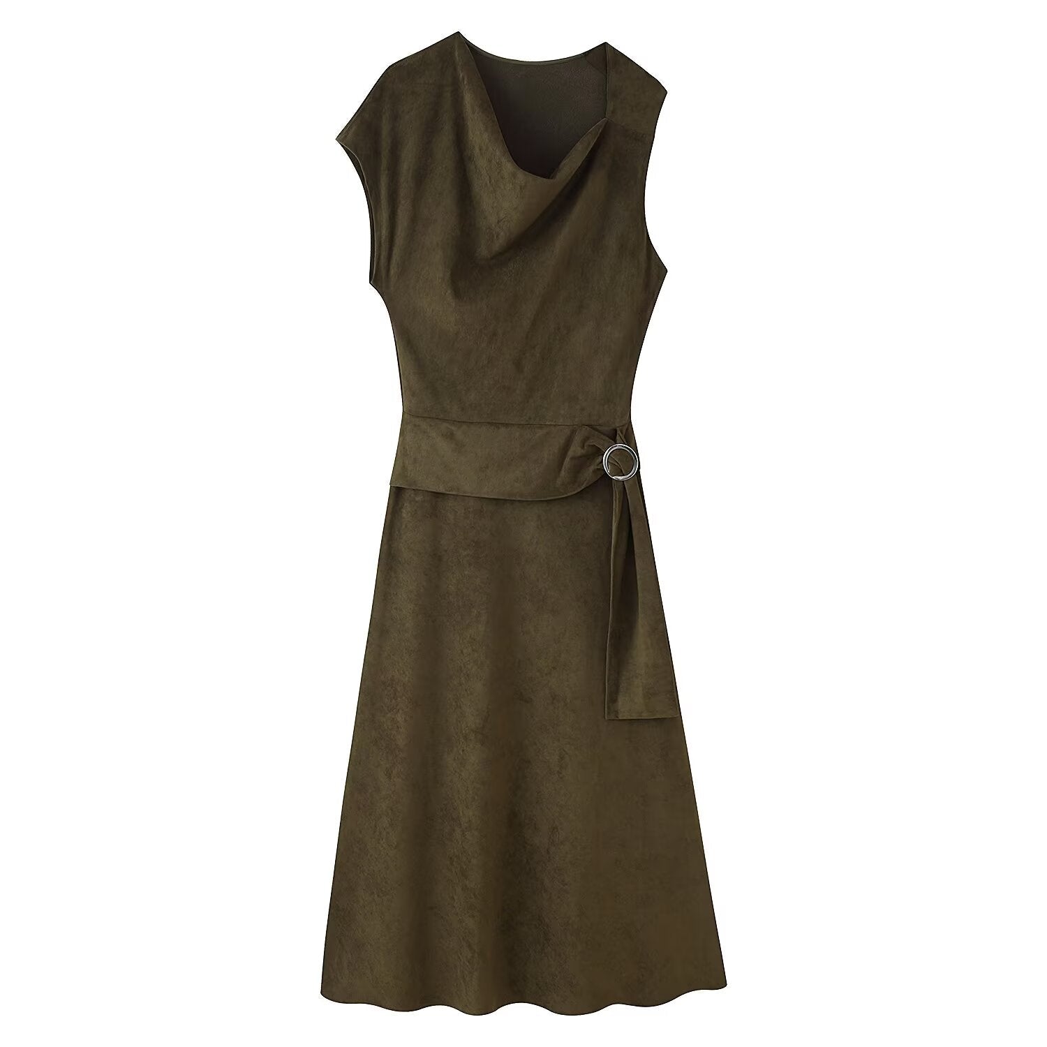 Early Autumn Women Clothing French Suede Leather Mid-Length Irregular Asymmetric Dress
