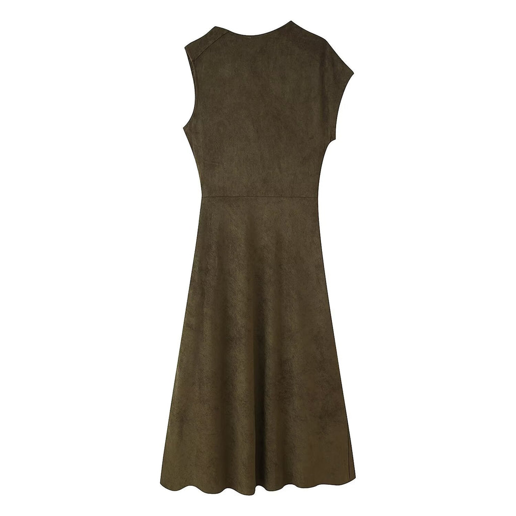 Early Autumn Women Clothing French Suede Leather Mid-Length Irregular Asymmetric Dress