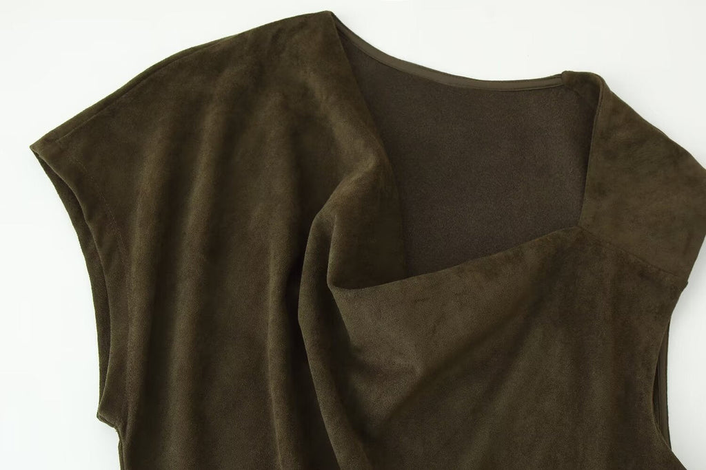 Early Autumn Women Clothing French Suede Leather Mid-Length Irregular Asymmetric Dress