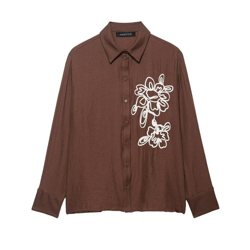 Autumn Women Clothing Commuting Loose Casual Polo Collar Floral Texture Long Sleeve Shirt