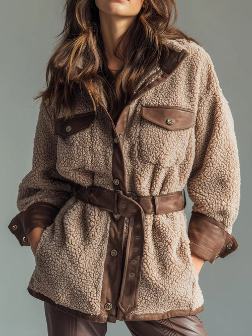 Autumn Winter Women Clothing Thickened Lamb Buy Stitching Faux Leather Pocket Leather Belt Retro Coat