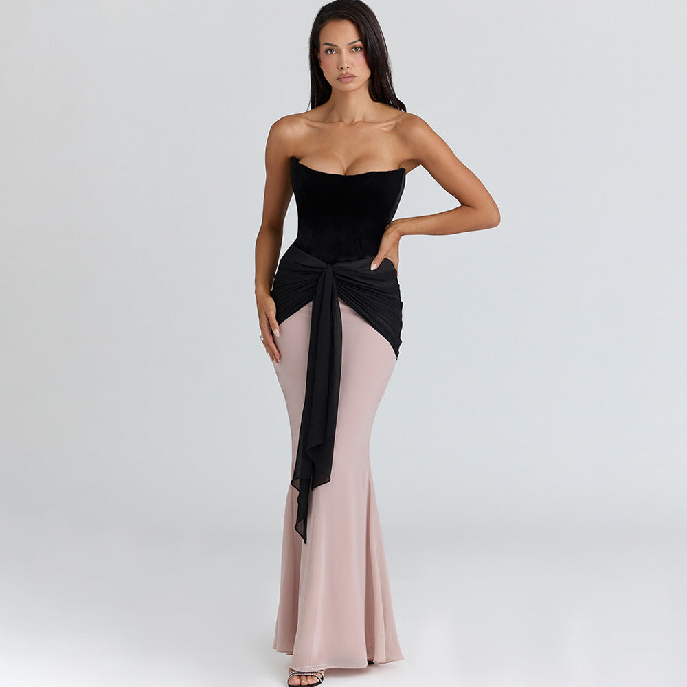 Pleated Ribbon Slim Fit High Waist Dress Sexy Wrapped Chest Waist Color Contrast Patchwork Dress
