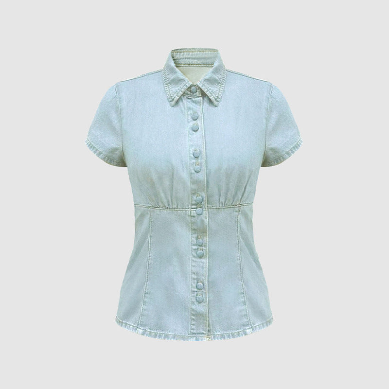 Slim Waist Trimming Short Sleeved Denim Shirt Single Breasted Top Women Slim White Elegant Simple Temperamental All Match