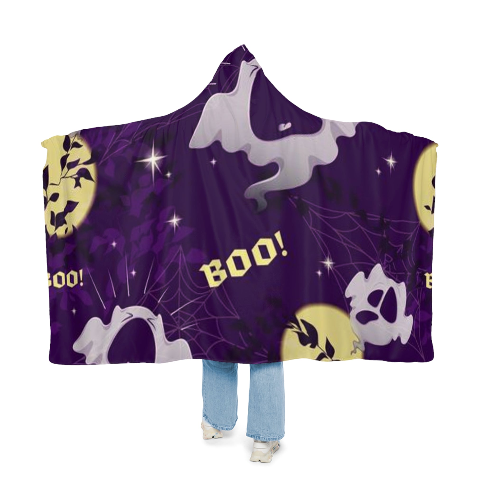 Halloween Boo Hooded Blanket – Purple Ghosts & Moon Snuggle Throw