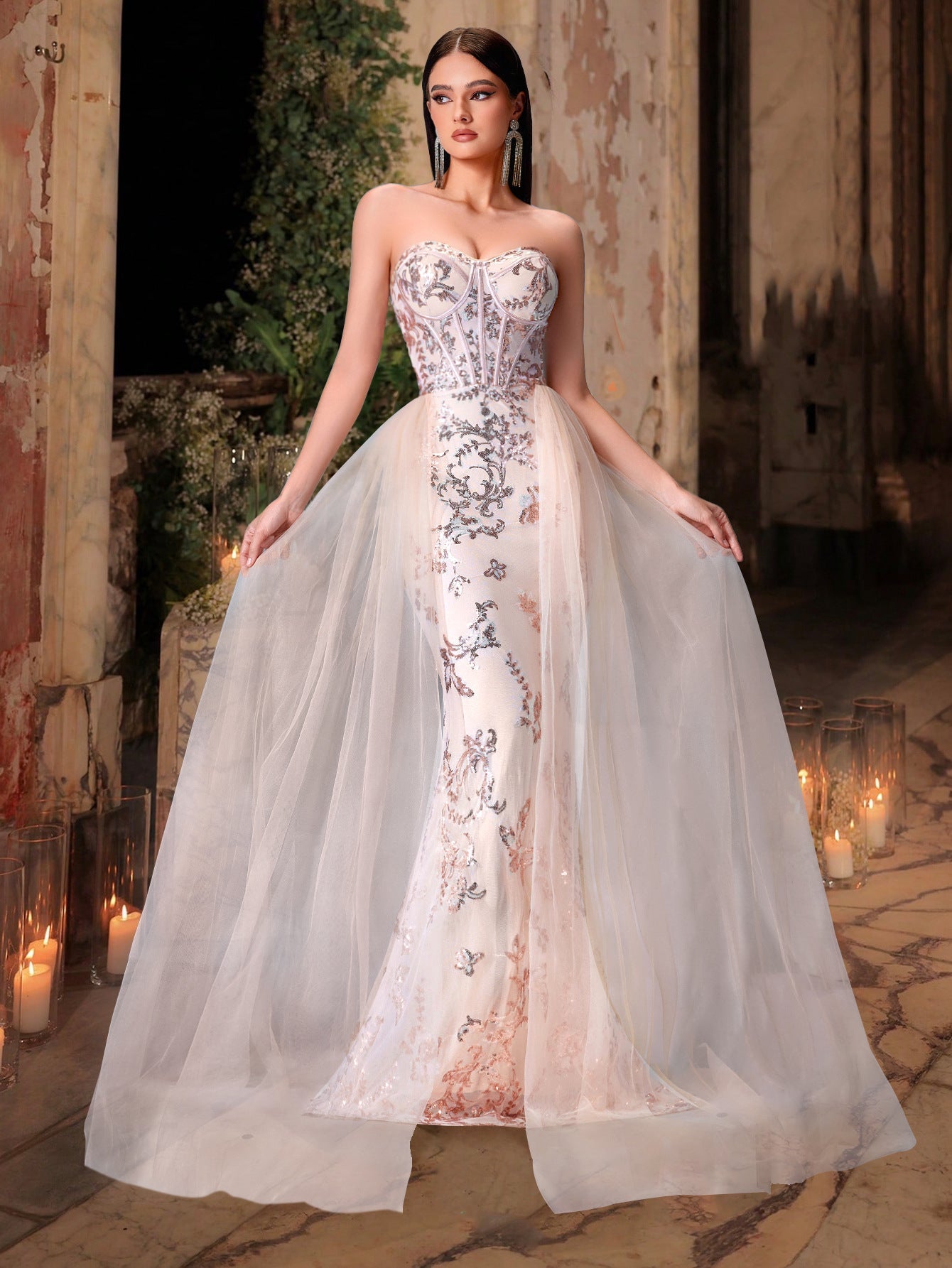 High Grade Tube Top Boning Corset Waist Tight Evening Dress Light Luxury Sequined Embroidered Party Dress Slim Fit Trailing Dress