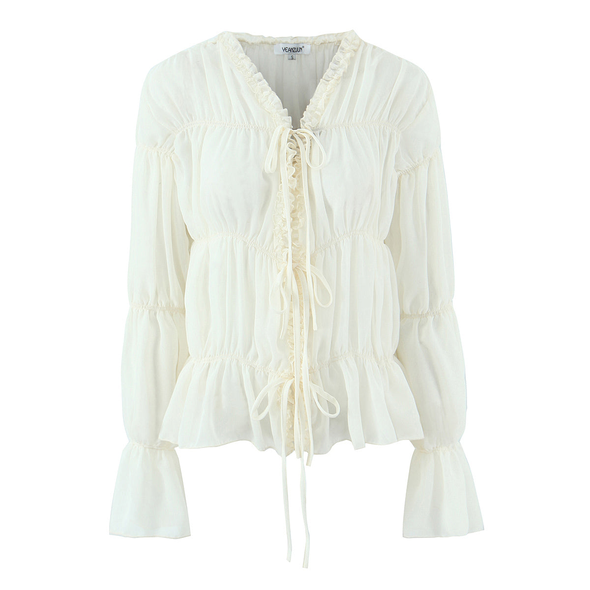 Gentle Pleated Lace up Chiffon Shirt Women Spring Loose Long Sleeve V neck Ruffled Chic Top