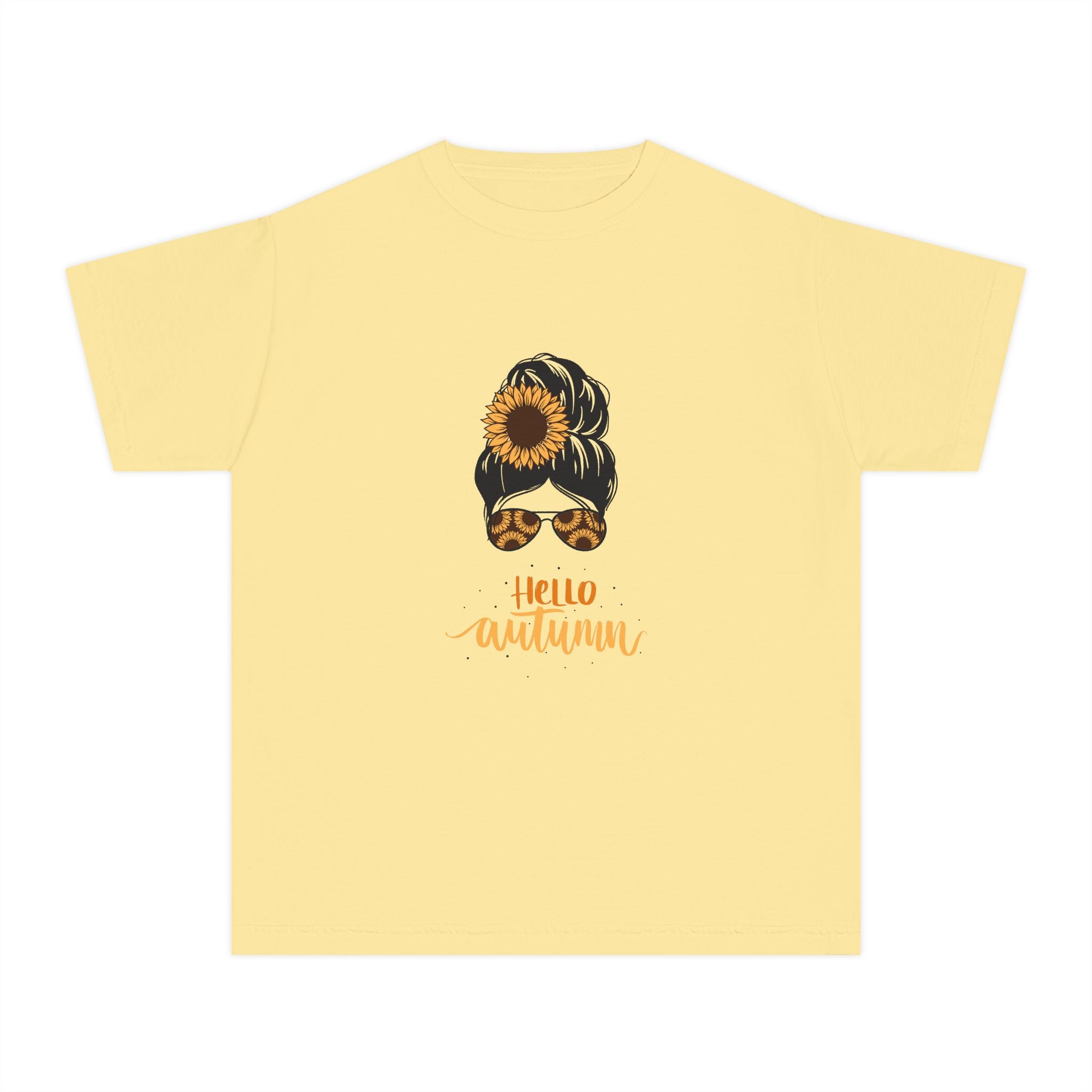 Youth Tee — "Hello Autumn" Sunflower Messy Bun Graphic
