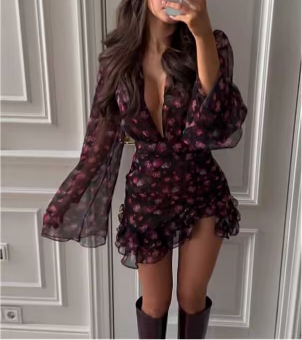 Spring Chiffon Dress Deep V Plunge neck Floral Printed Ruffles Long Sleeve Short Dress